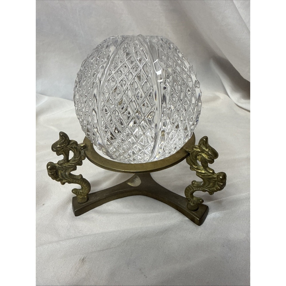 Vintage Cut Lead Crystal Ball Sphere Orb Heavy Paperweight Brass Dragon Stand